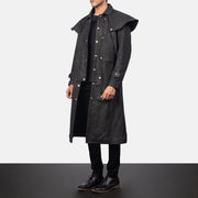 
Distressed Black Sheepskin Snuffed Trench Coat - Πίσω όψη με εφαρμογή στους ώμους & καθαρό στρίφωμα