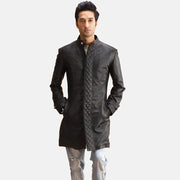Men's Midlander Quilted Black Leather Coat in Black Sheepskin Leather - Front Profile View &amp; Tailored Silhouette | Buy Online