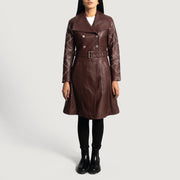 Maroon Sheepskin Leather Trench Coat - Back View Showing Tailored Shoulder Fit & Clean Hemline