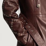 Close-Up Detail of Notch & Button & Waist belt Hardware on Women's Missoni Maroon Leather Trench Coat