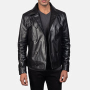 Close-Up Detail of Notch &amp; Buttons Hardware on Mod Black Leather Peacoat