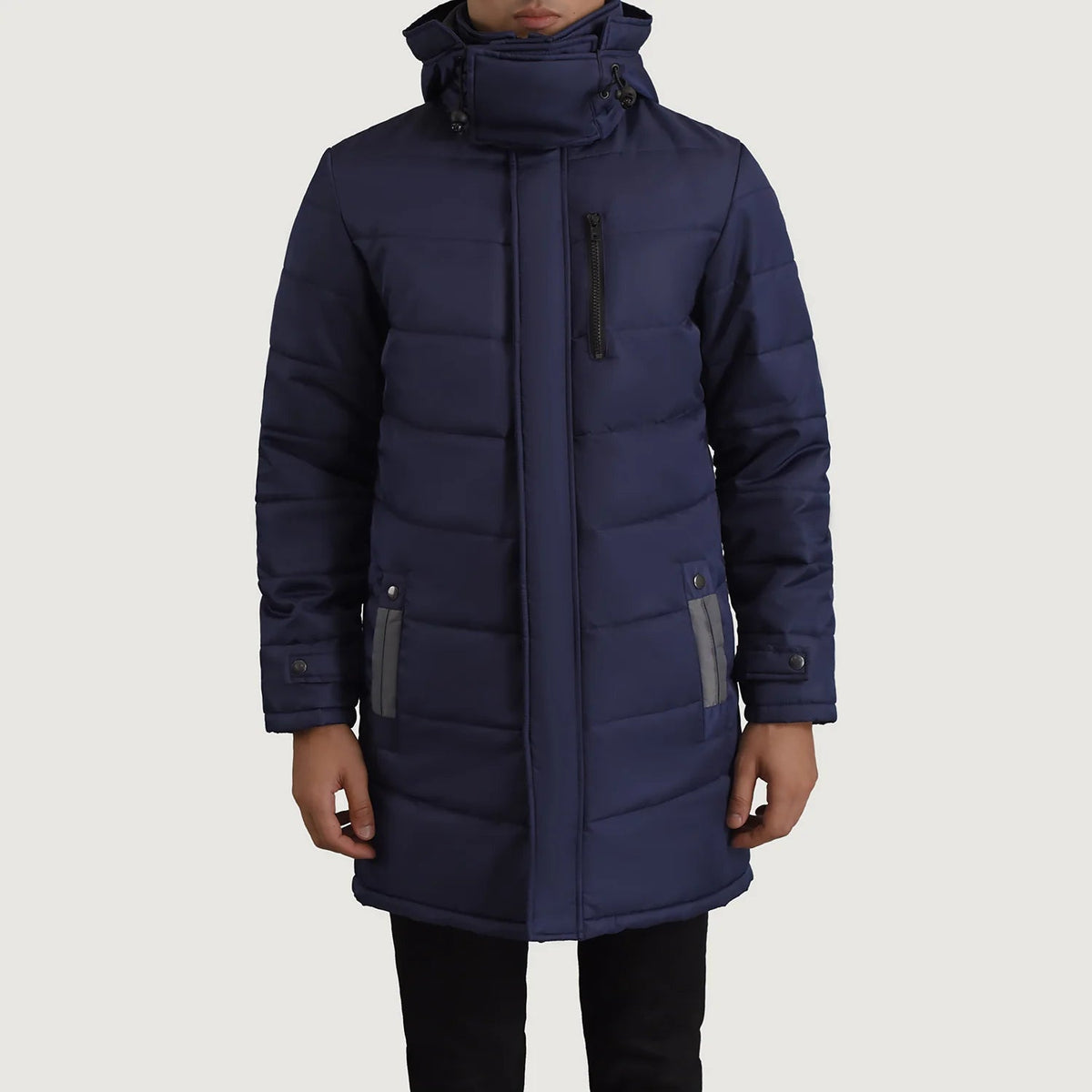 
Κοντινό πλάνο λεπτομέρειας of Classic Collar & Zipper With Snap Button Placket Hardware on Moore Μπλε Hooded Parka Ανδρικό