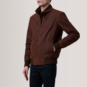 Morrison Brown Canvas Bomber Jacket For Men - Lateral Side Profile View Showing Sleeve Cut &amp; Athletic Taper Fit