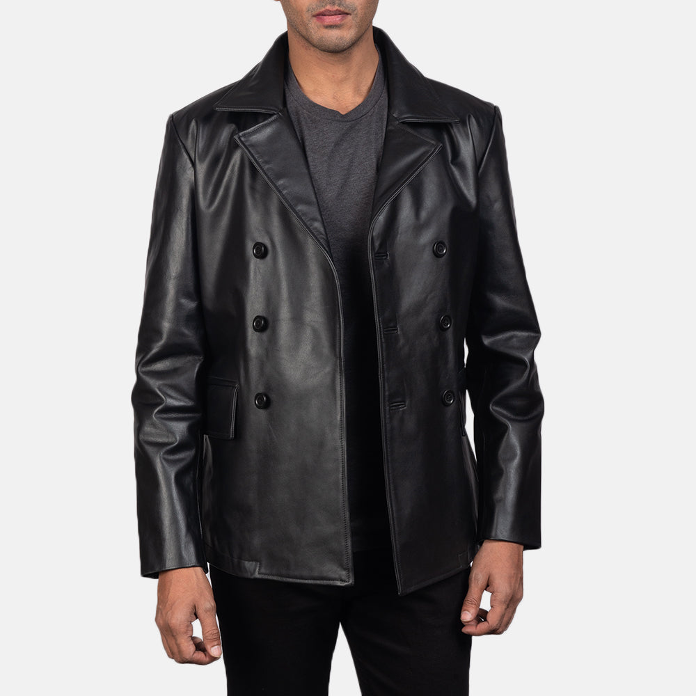 
Κοντινό πλάνο λεπτομέρειας of Notch & Buttons Hardware on Mr. Bailey Μαύρο Leather Naval Peacoat Ανδρικό