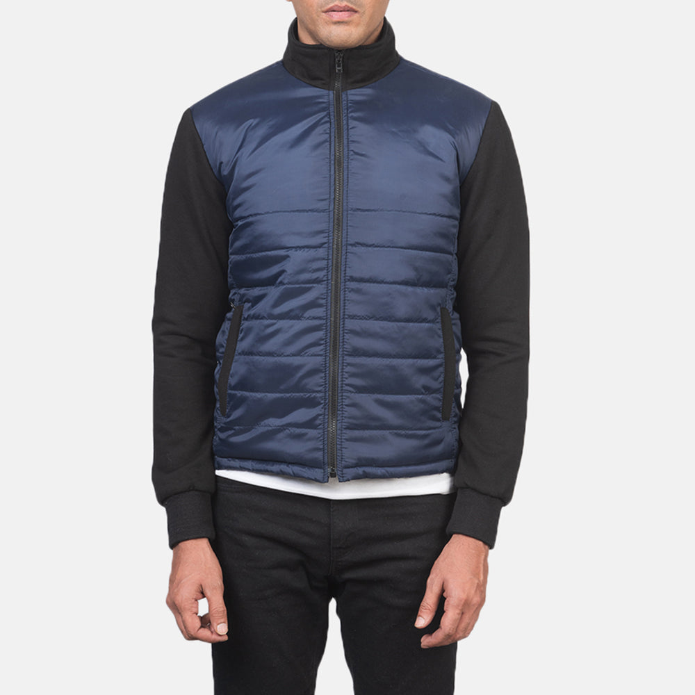 
Κοντινό πλάνο λεπτομέρειας of High Neck & Zipper with wind flap Hardware on Nashville Καπιτονέ Μπλε Windbreaker Δερμάτινο Μπουφάν Ανδρικό