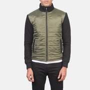 
Κοντινό πλάνο λεπτομέρειας of High Neck & Zipper with wind flap Hardware on Nashville Καπιτονέ Χακί Windbreaker Δερμάτινο Μπουφάν Ανδρικό