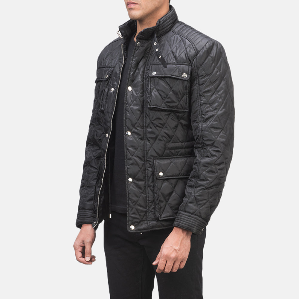 Black Polyester Winter Jacket - Πίσω όψη με εφαρμογή στους ώμους & καθαρό στρίφωμα