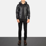 Men's Nintenzo Black Hooded Leather Jacket - Lateral Side Profile View Showing Sleeve Cut &amp; Athletic Taper Fit