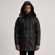 
Κοντινό πλάνο λεπτομέρειας of Band collar & Zipper with Toggle button Hardware on Nolan Black Snuffed Leather Duffle Coat