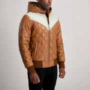 Styled Fit Perspective of Norman Tan Hooded Bomber Leather Puffer Jacket on Model - Natural Daylight Drape
