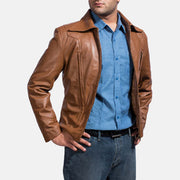 Old School Brown Leather Jacket - Lateral Side Profile View Showing Sleeve Cut &amp; Athletic Taper Fit