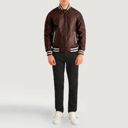 Pascal Maroon Leather Varsity Jacket - Lateral Side Profile View Showing Sleeve Cut &amp; Athletic Taper Fit