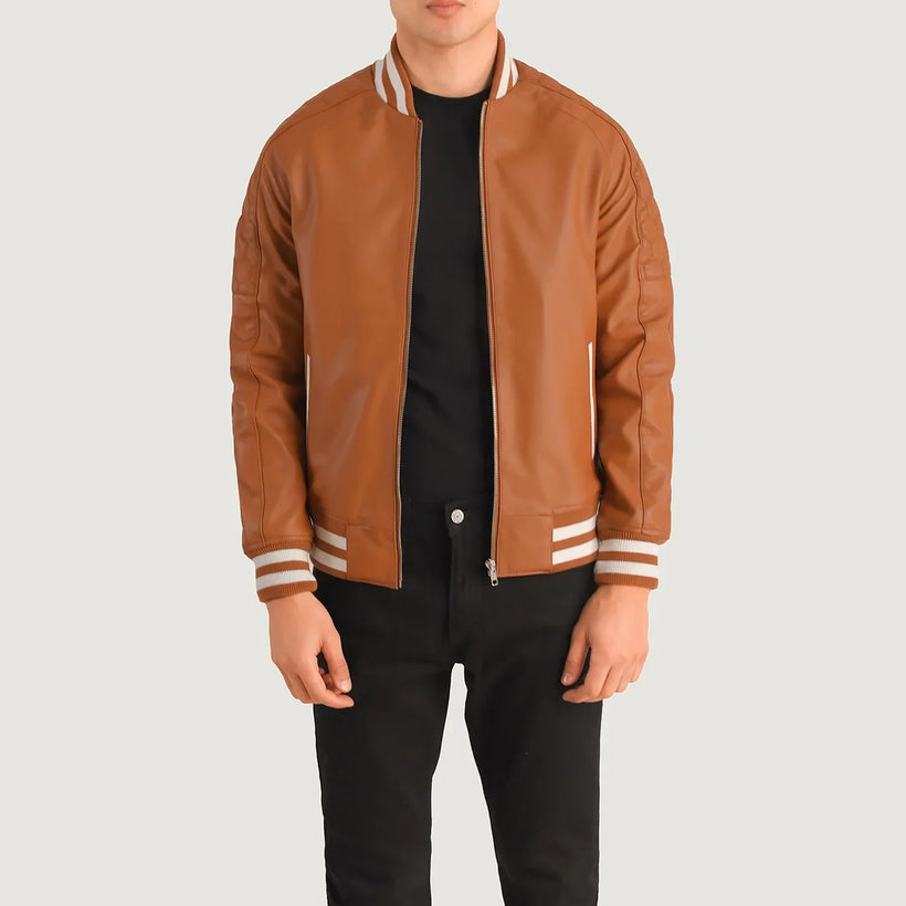 Pascal Ταμπά Καφέ Leather Varsity Δερμάτινο Μπουφάν Ανδρικό