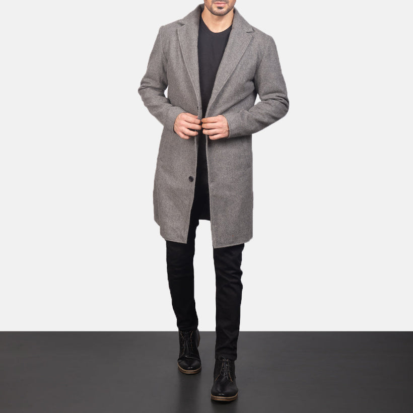 Petrillo Grey Wool Single Breasted Δερμάτινο Παλτό Ανδρικό