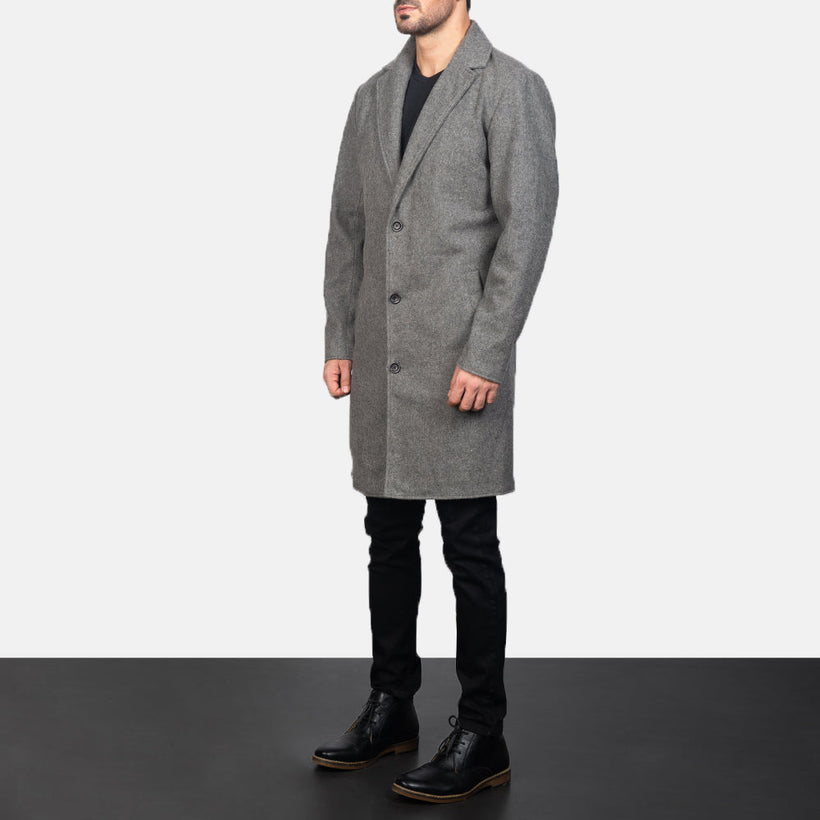 Petrillo Grey Wool Single Breasted Δερμάτινο Παλτό Ανδρικό