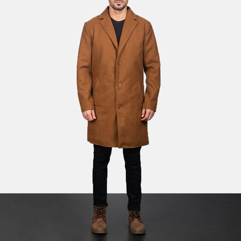 Petrillo Khaki Wool Single Breasted Δερμάτινο Παλτό Ανδρικό