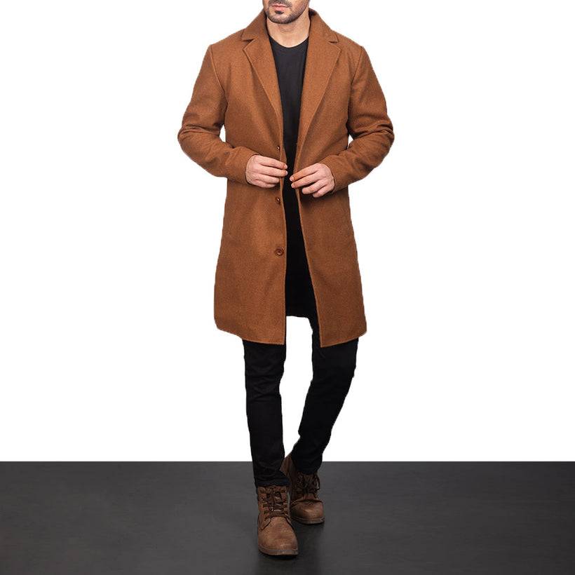 Petrillo Khaki Wool Single Breasted Δερμάτινο Παλτό Ανδρικό