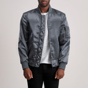 Quinton MA-1 Grey Bomber Jacket - Lateral Side Profile View Showing Sleeve Cut &amp; Athletic Taper Fit