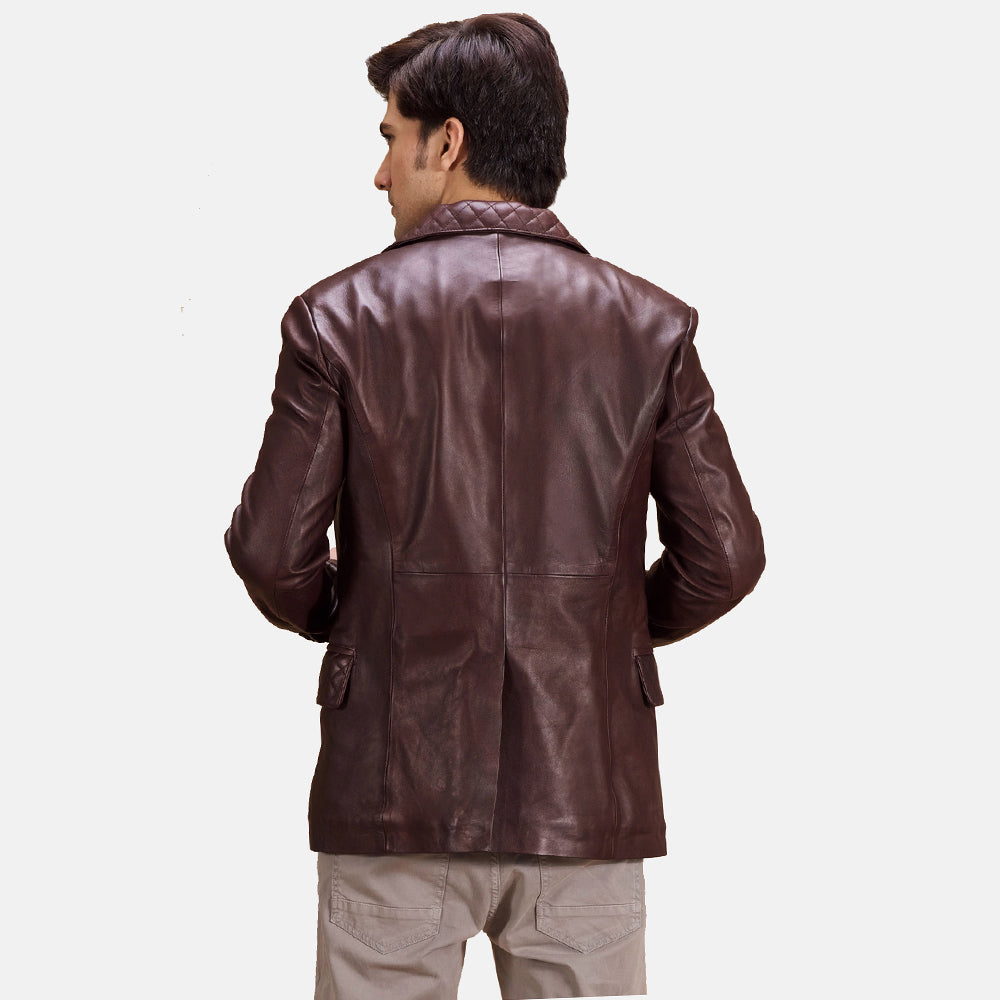 Close-Up Detail of Notch & Button Hardware on Radaron Quilted Maroon Leather Blazer