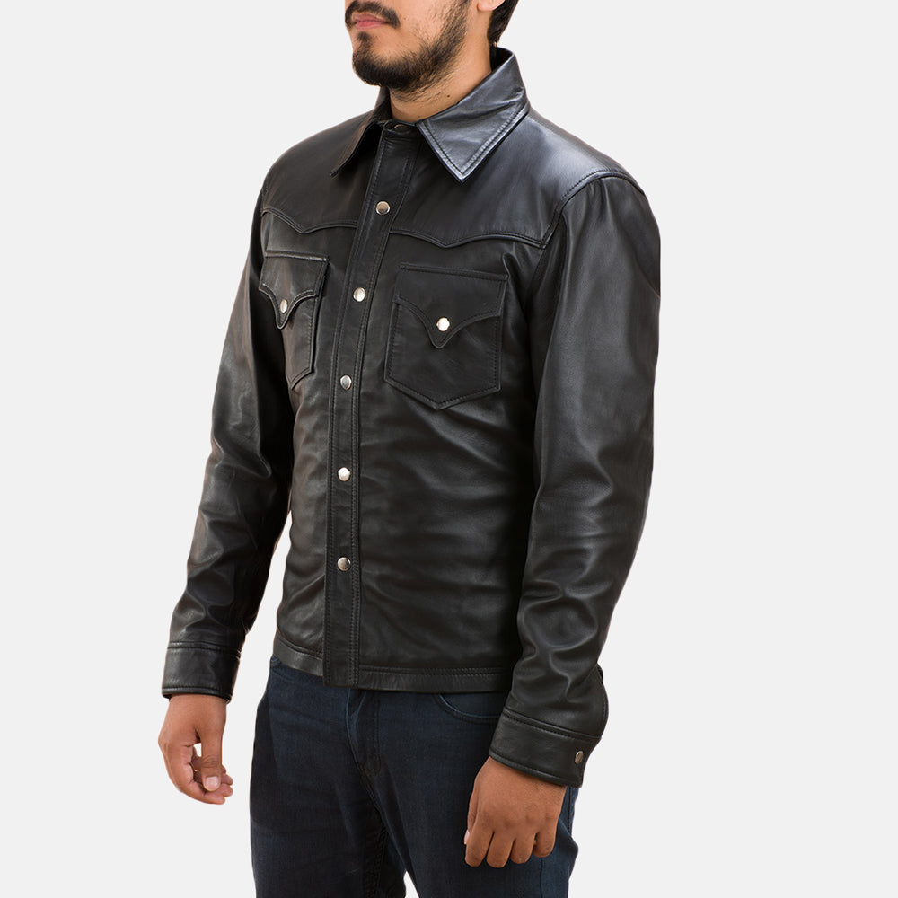 Men's Ranchson Black Leather Shirt - Lateral Side Profile View Showing Sleeve Cut &amp; Athletic Taper Fit