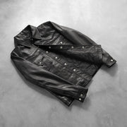 Button &amp; Hem Craftsmanship Construction Detail on Men's Ranchson Black Leather Shirt