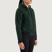 
Green Goatskin Suede Bomber Jacket - Πίσω όψη με εφαρμογή στους ώμους & καθαρό στρίφωμα