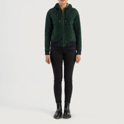 
Rebella Green Hooded Suede Bomber Jacket - Πλαϊνή όψη που αναδεικνύει το κόψιμο των μανικιών
