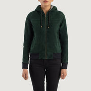
Κοντινό πλάνο λεπτομέρειας of Hooded & Zipper Hardware on Rebella Green Hooded Suede Bomber Jacket