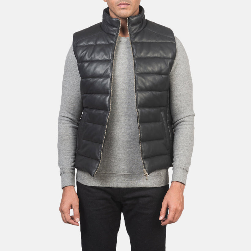 Reeves Μαύρο Leather Puffer Vest Ανδρικό