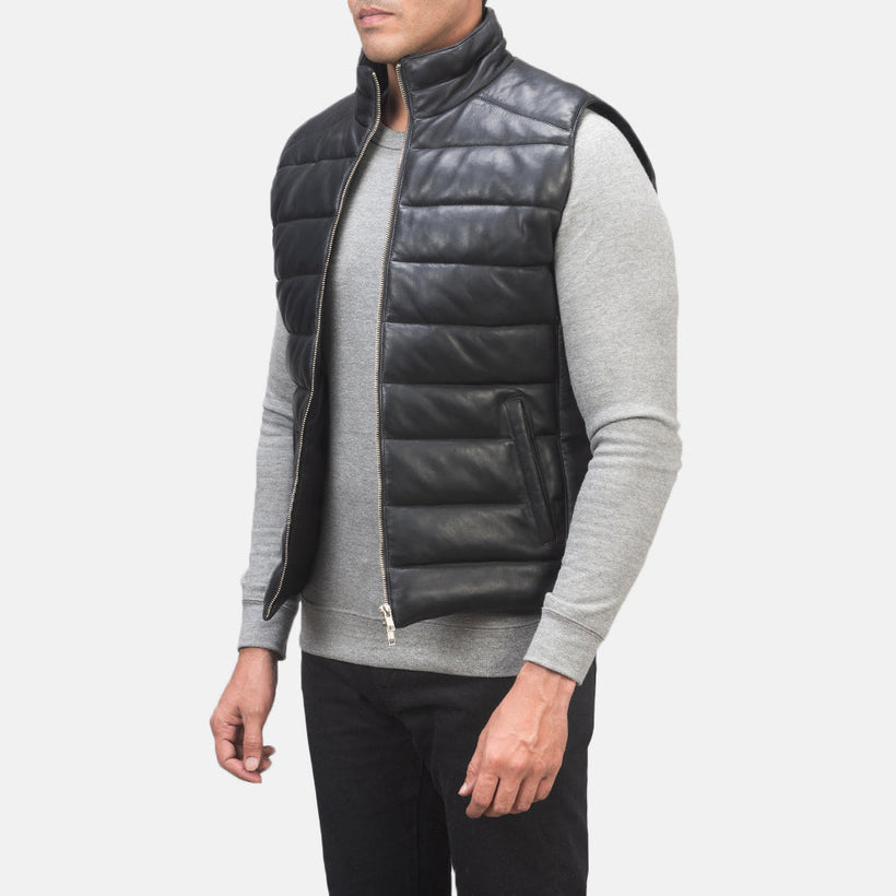 Reeves Μαύρο Leather Puffer Vest Ανδρικό