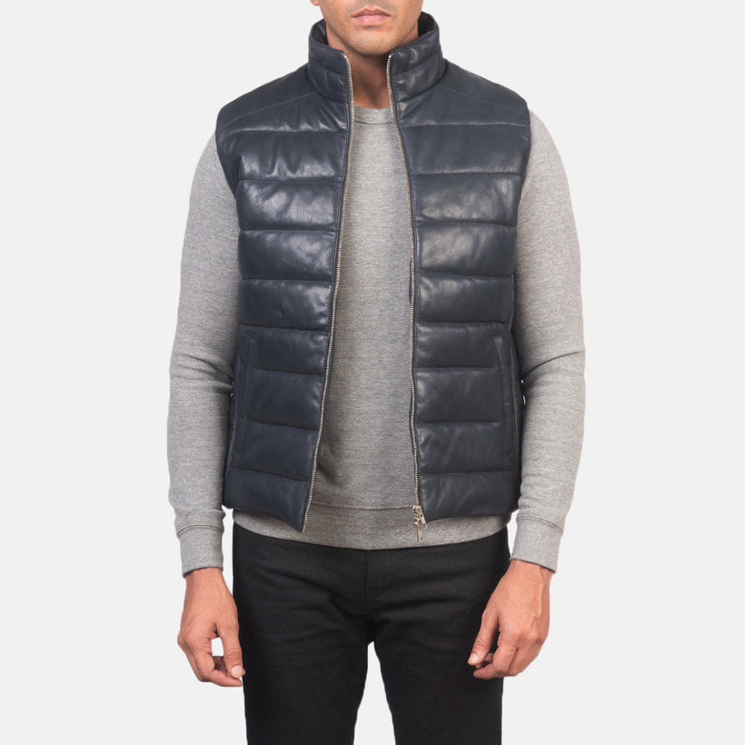 Reeves Blue Leather Puffer Vest Ανδρικό