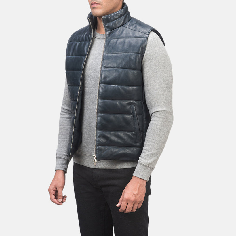 Reeves Blue Leather Puffer Vest Ανδρικό