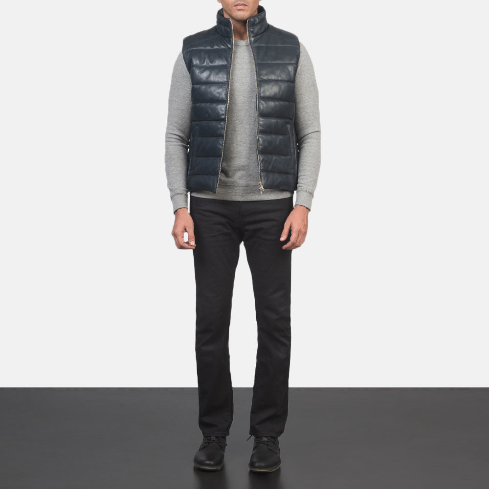 
Reeves Μπλε Leather Αμάνικο μπουφάν γιλέκο Ανδρικό - Πλαϊνή όψη που αναδεικνύει το κόψιμο των μανικιών