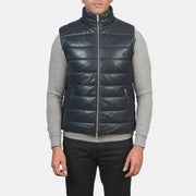 
Κοντινό πλάνο λεπτομέρειας of Classic Collar & Zipper with Dual Puller Hardware on Reeves Μπλε Leather Αμάνικο μπουφάν γιλέκο Ανδρικό