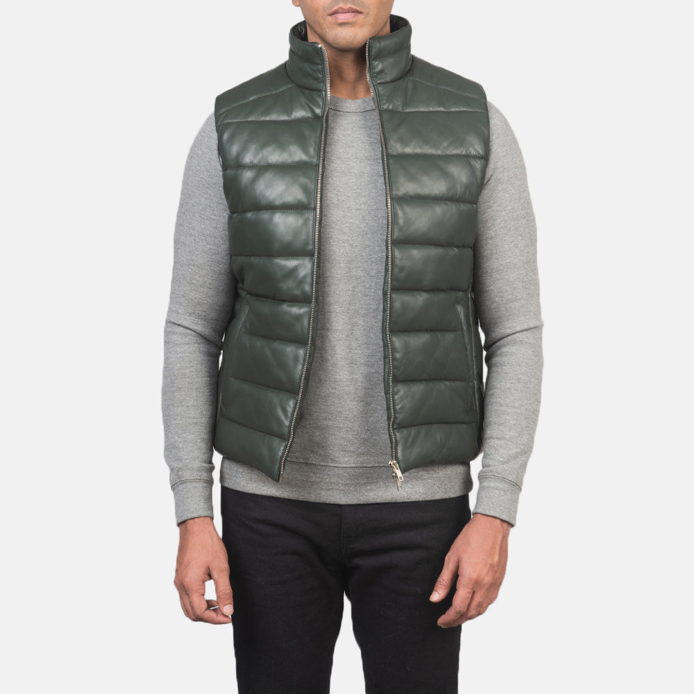 Men's Reeves Green Leather Puffer Vest in Green Sheepskin Leather - Front Profile View &amp; Tailored Silhouette | Buy Online