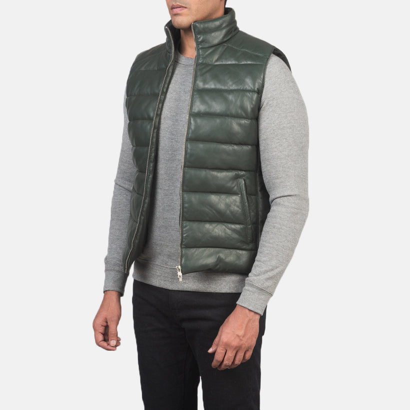 Reeves Green Leather Puffer Vest Ανδρικό