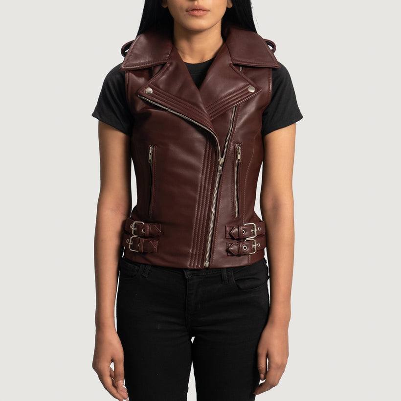 Rhonda Maroon Leather Biker Vest Γυναικείο