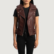 
Rhonda Μπορντό Leather Biker Vest Γυναικείο - Πίσω όψη με εφαρμογή στους ώμους & καθαρό στρίφωμα