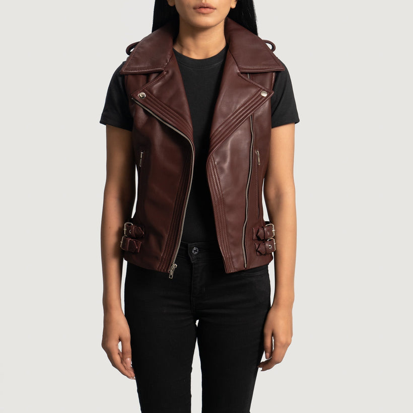 Rhonda Maroon Leather Biker Vest Γυναικείο