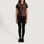
Κοντινό πλάνο λεπτομέρειας of Notch & Zipper Hardware on Rhonda Μπορντό Leather Biker Vest Γυναικείο