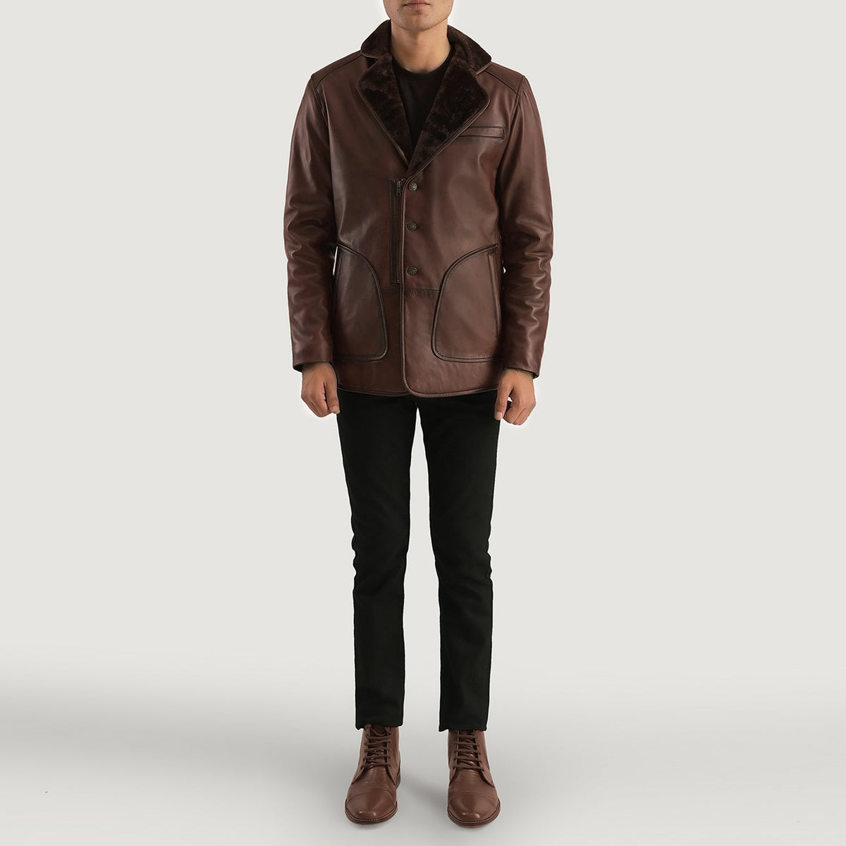 Close-Up Detail of Notch & Button Hardware on Men's Rocky Brown Fur Leather Coat