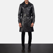 
Κοντινό πλάνο λεπτομέρειας of Shirt & Heavy-Duty Zipper Hardware on Royson Μαύρο Leather Duster Δερμάτινο Παλτό Ανδρικό
