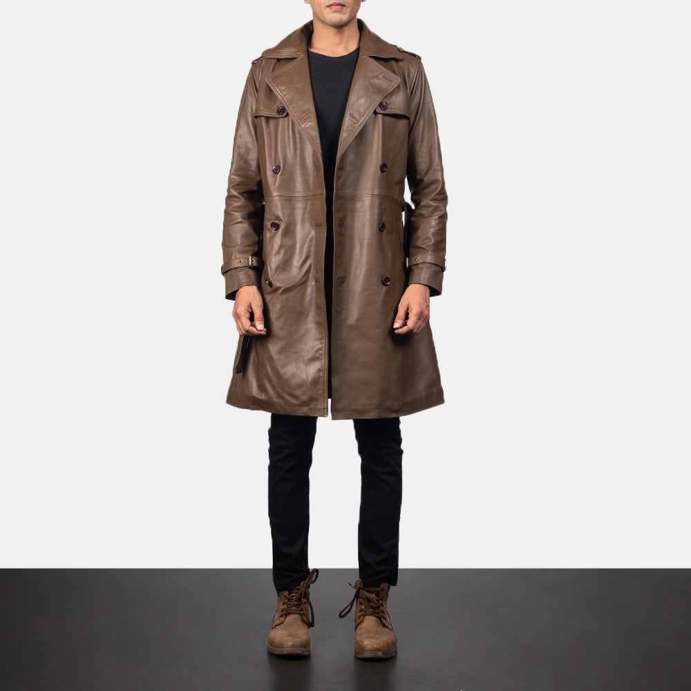 
Κοντινό πλάνο λεπτομέρειας of Shirt & Heavy-Duty Zipper Hardware on Royson Καφέ Leather Duster Δερμάτινο Παλτό Ανδρικό