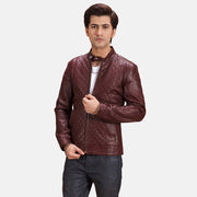 Rumano Jae Maroon Leather Biker Jacket in Maroon Sheepskin Leather - Front Profile View &amp; Tailored Silhouette | Buy Online