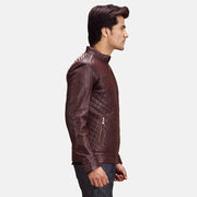 Maroon Sheepskin Leather Biker Jacket - Back View Showing Tailored Shoulder Fit &amp; Clean Hemline