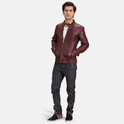 Rumano Jae Maroon Leather Biker Jacket - Lateral Side Profile View Showing Sleeve Cut &amp; Athletic Taper Fit