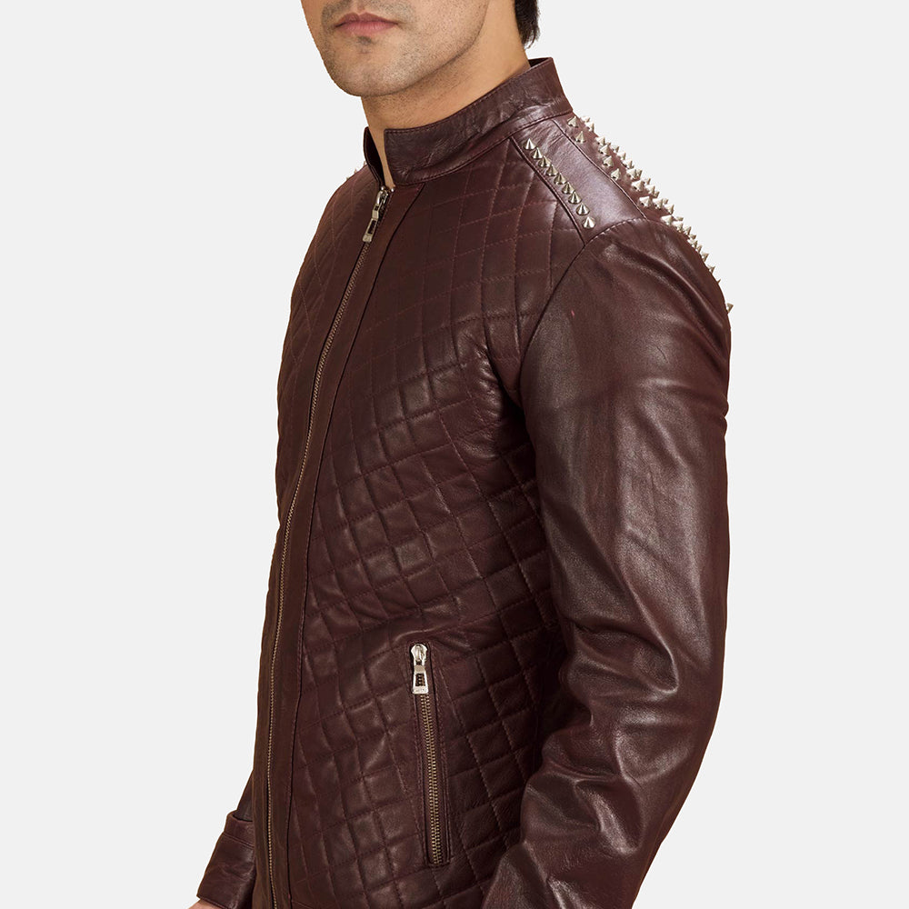 Close-Up Detail of Band &amp; Zipper Hardware on Rumano Jae Maroon Leather Biker Jacket