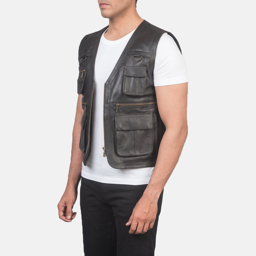 Safari Καφέ Leather Vest Ανδρικό