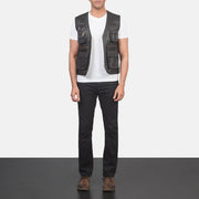 Men's Safari Brown Leather Vest - Lateral Side Profile View Showing Sleeve Cut &amp; Athletic Taper Fit