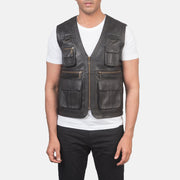 Close-Up Detail of Classic Collar &amp; Zipper Hardware on Men's Safari Brown Leather Vest